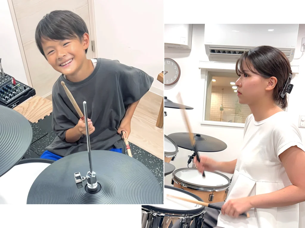 ドラムを演奏する子供と女性